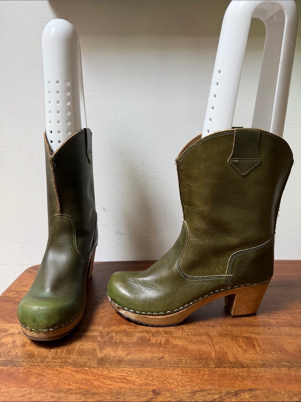 Sanita Anemone Wood Clog Olive Green Leather Booties